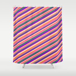 [ Thumbnail: Eyecatching Coral, Hot Pink, Sea Green, Dark Violet, and Tan Colored Pattern of Stripes Shower Curtain ]