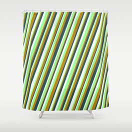 [ Thumbnail: Green, Dark Goldenrod, Dark Slate Gray & Mint Cream Colored Lines/Stripes Pattern Shower Curtain ]