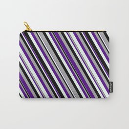 [ Thumbnail: Dark Grey, Indigo, Mint Cream & Black Colored Pattern of Stripes Carry-All Pouch ]