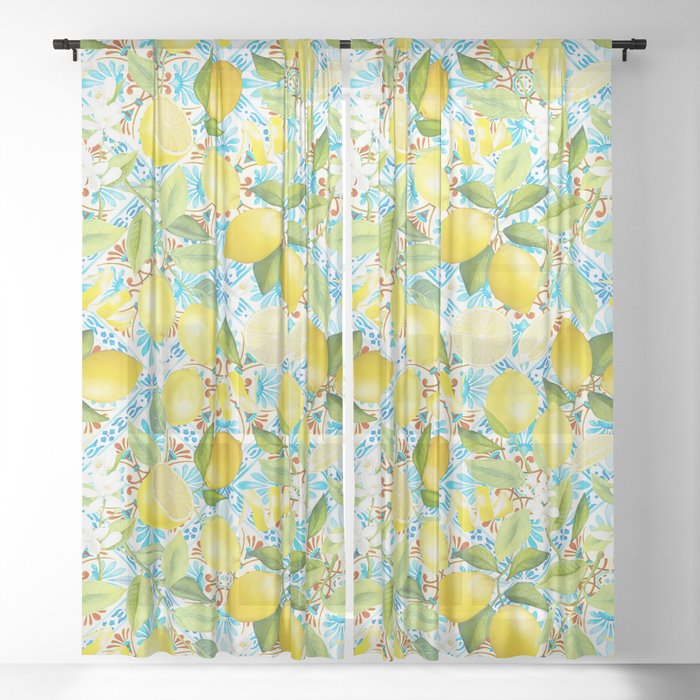 Mediterranean Vintage Summer Blue Tiles And Fruity Lemons  Sheer Curtain