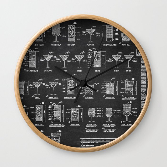 Black Cocktail Recipes Guide Wall Clock