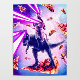 Laser Eyes Space Cat Riding Dog And Dinosaur Poster