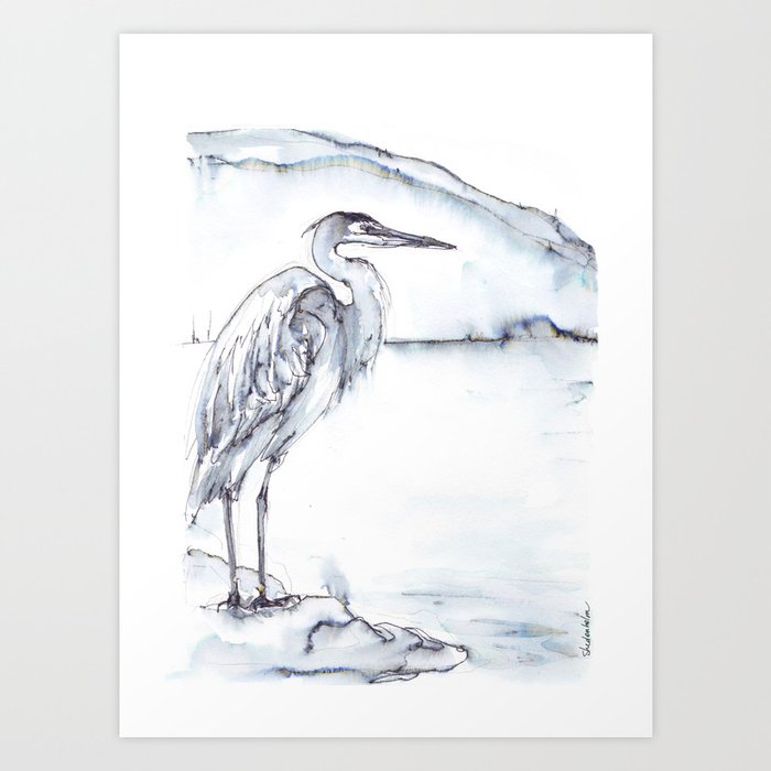 Heron, River, Mountain Art Print
