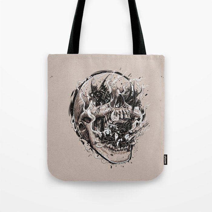 skull with demons struggling to escape Tote Bag