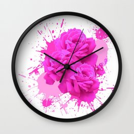 CERISE PINK ROSE PATTERN WATERCOLOR SPLATTER Wall Clock