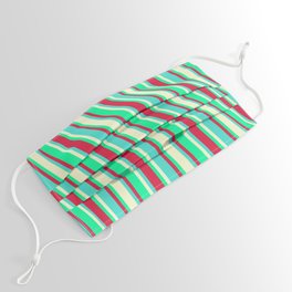 [ Thumbnail: Crimson, Turquoise, Light Yellow & Green Colored Stripes/Lines Pattern Face Mask ]