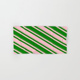[ Thumbnail: Pink and Green Colored Striped/Lined Pattern Hand & Bath Towel ]