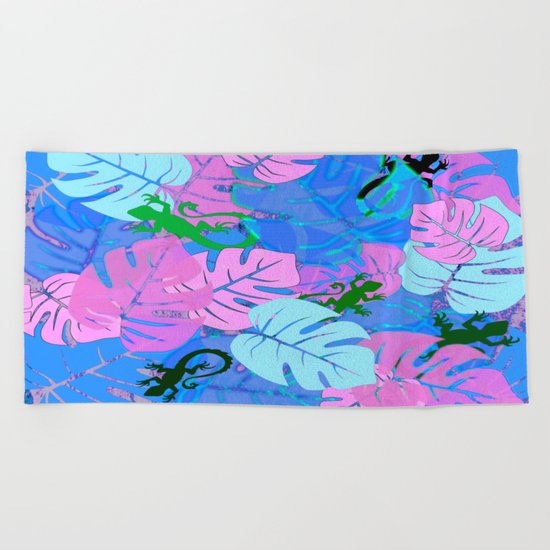 Monstera and Lizards in Blue Beach Towel