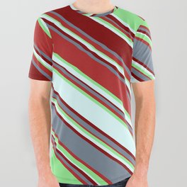 [ Thumbnail: Eyecatching Light Green, Light Cyan, Maroon, Slate Gray, and Red Colored Lines Pattern All Over Graphic Tee ]