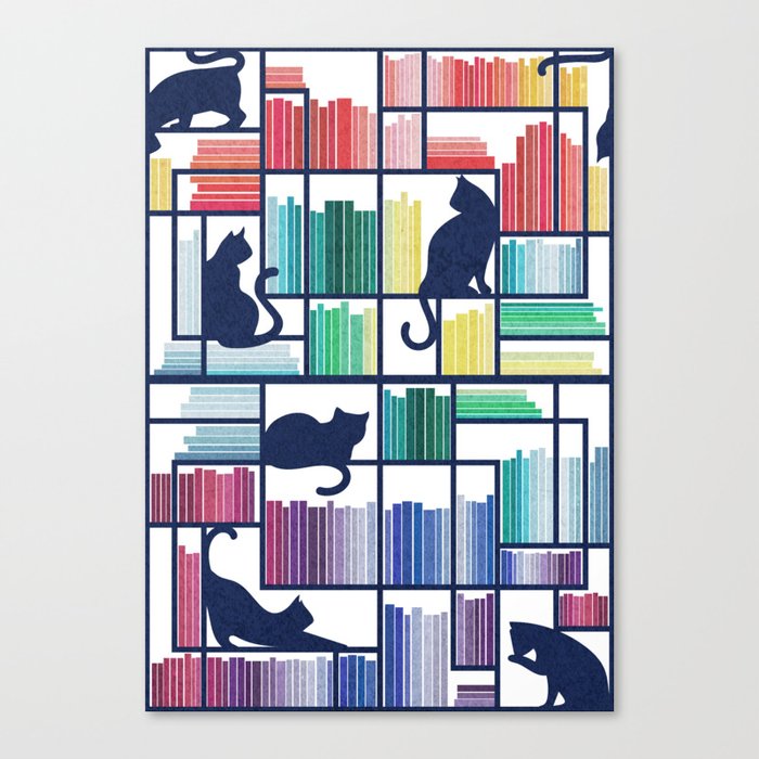 Rainbow bookshelf // white background navy blue shelf and library cats Canvas Print
