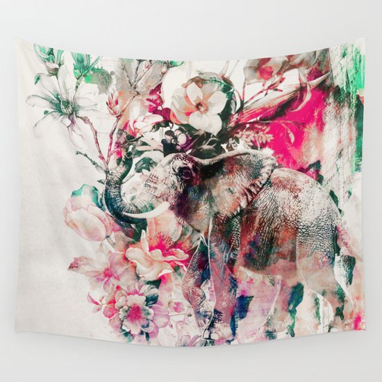 Watercolor Elephant and Flowers Wall Tapestry