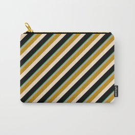 [ Thumbnail: Eyecatching Forest Green, Dark Grey, Dark Goldenrod, Bisque & Black Colored Lines Pattern Carry-All Pouch ]