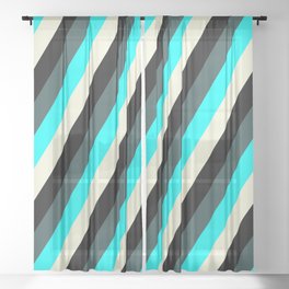 [ Thumbnail: Dark Slate Gray, Cyan, Beige, and Black Colored Lines Pattern Sheer Curtain ]
