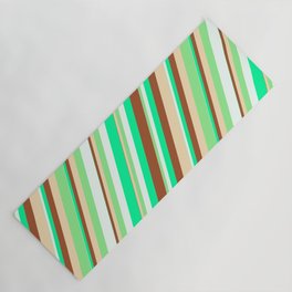 [ Thumbnail: Eye-catching Green, Sienna, Tan, Light Green, and Mint Cream Colored Striped/Lined Pattern Yoga Mat ]