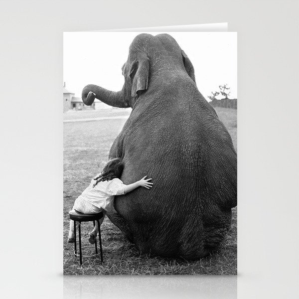 Odd Best Friends, Sweet Little Girl hugging elephant black and white photograph Stationery Cards