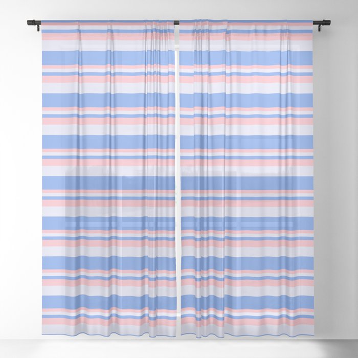 Cornflower Blue, Light Pink & Lavender Colored Stripes Pattern Sheer Curtain