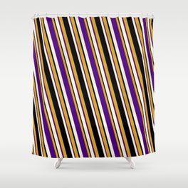 [ Thumbnail: Goldenrod, Indigo, Beige & Black Colored Pattern of Stripes Shower Curtain ]