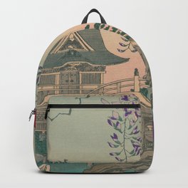 a Bridge and a House. Ukiyoe Landscape Backpack | Oil, Asia, Oliental, Graphic Design, Pop Art, Illustration, Purple, Landscape, Vintage, Flower 