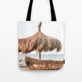Umbrellas, Boat and Sandy Beach Tranquility, Sea Landscape, Summer Vibes, Ocean Relaxation Tote Bag