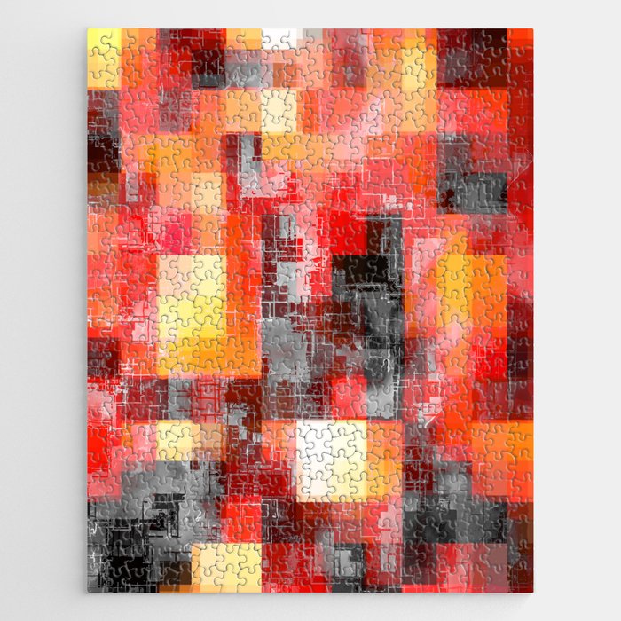 geometric pixel square pattern abstract background in red yellow black Jigsaw Puzzle