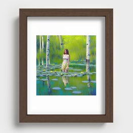 Colorful painting of a girl walking in a lily pond Recessed Framed Print