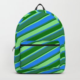 [ Thumbnail: Light Green, Blue, Sea Green, and Green Colored Stripes Pattern Backpack ]