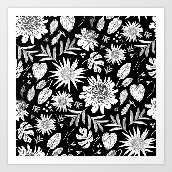 TROPICAL FLORAL BLACK & WHITE Art Print