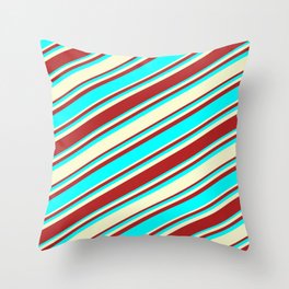 [ Thumbnail: Red, Cyan, and Light Yellow Colored Stripes Pattern Throw Pillow ]