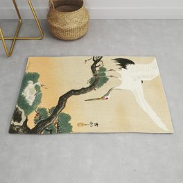 Crane and its chicks on a pine tree  - Vintage Japanese Woodblock Print Art Rug