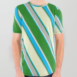 [ Thumbnail: Light Yellow, Deep Sky Blue, Forest Green & Grey Colored Stripes Pattern All Over Graphic Tee ]