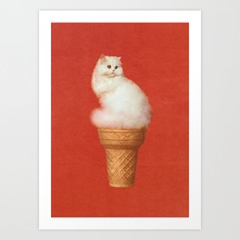 Cat Ice Cream - Red Art Print | Cone, Food, Vintage Photography, Summer, Funny, Sweet, Collage, Pop Surrealism, Purr, White Cat 