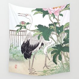 Kono Bairei - Two Cranes And Peony Flowers - Vintage Japanese Woodblock Print Art (1883) Wall Tapestry