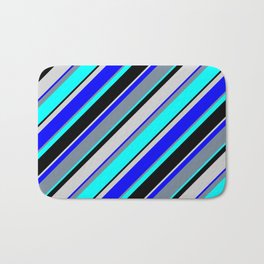 [ Thumbnail: Blue, Light Slate Gray, Aqua, Black & Light Grey Colored Striped/Lined Pattern Bath Mat ]