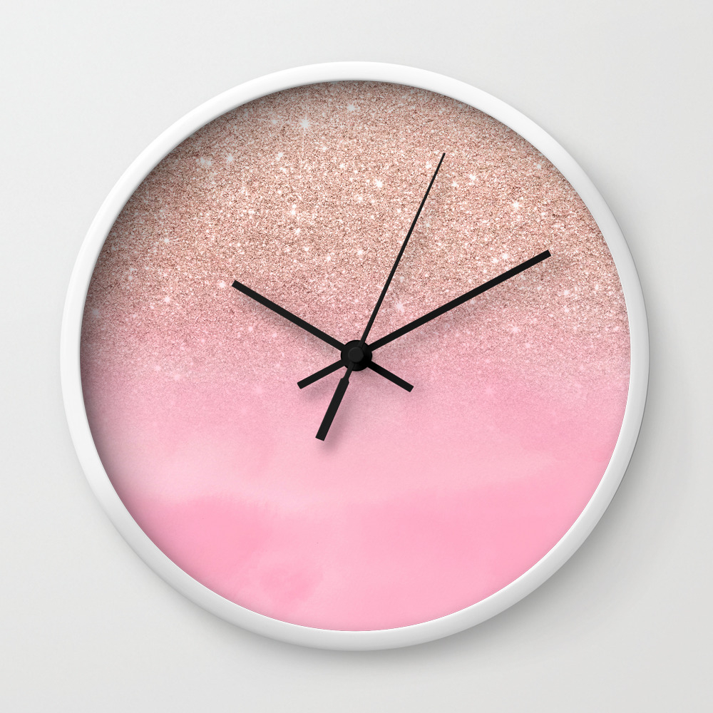 Modern Rose Gold Glitter Ombre Hand Painted Pink Watercolor Wall Clock