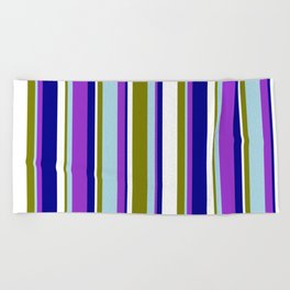 [ Thumbnail: Eyecatching Green, Light Blue, Dark Orchid, Dark Blue, and White Colored Lined/Striped Pattern Beach Towel ]