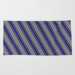 [ Thumbnail: Gray & Midnight Blue Colored Lined Pattern Beach Towel ]