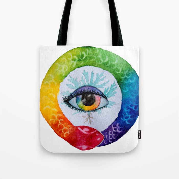 Rainbow Oroboros, Snake, Eye, Mugwort, Watercolor Art Tote Bag