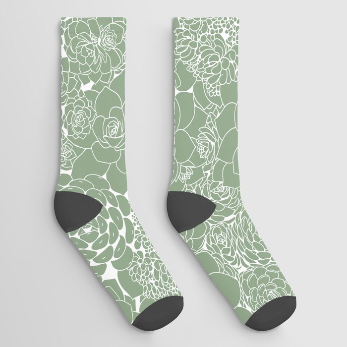 Succulent Line Drawing- Sage Green Socks