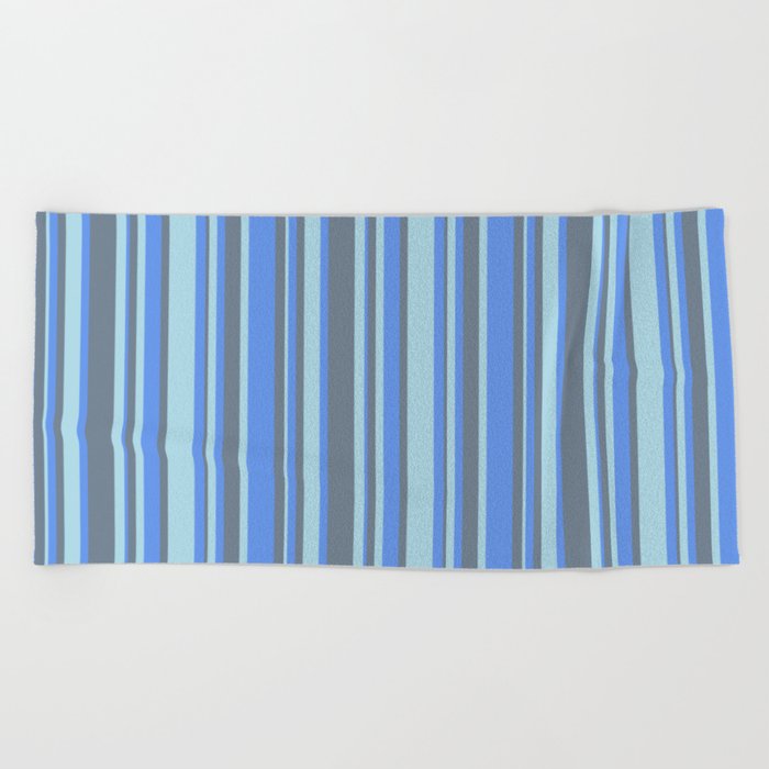 Cornflower Blue, Light Blue, and Slate Gray Colored Striped Pattern Beach Towel
