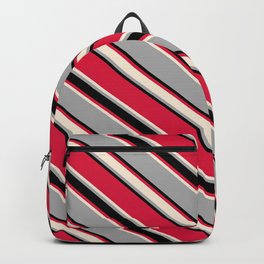 [ Thumbnail: Crimson, Beige, Dark Grey, and Black Colored Lined/Striped Pattern Backpack ]