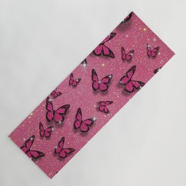 Cute Pink Butterfly on Glitter Aesthetic Background Yoga Mat