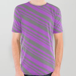 [ Thumbnail: Grey and Orchid Colored Pattern of Stripes All Over Graphic Tee ]