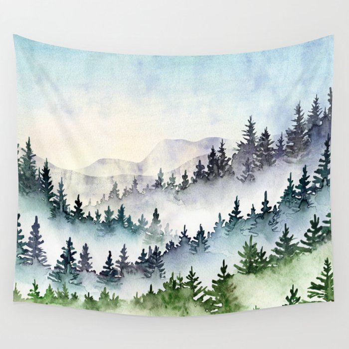 Misty Mountain Pines - Foggy Forest Watercolor Painting Wall Tapestry