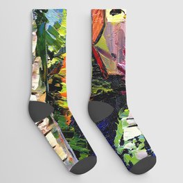 Mediterranean villa colorful tropical countryside garden and flowers flora and fauna landscape acrylic painting Socks