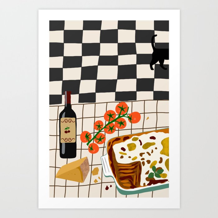 Lasagna parmesan and wne dinner - homemade meal illustration Art Print