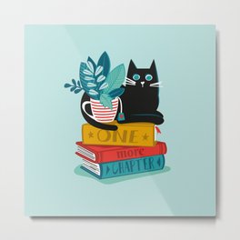 One more chapter // aqua background black cat striped mug with plants red teal and yellow books  Metal Print