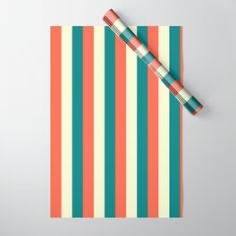 [ Thumbnail: Teal, Red, and Light Yellow Colored Stripes Pattern Wrapping Paper ]