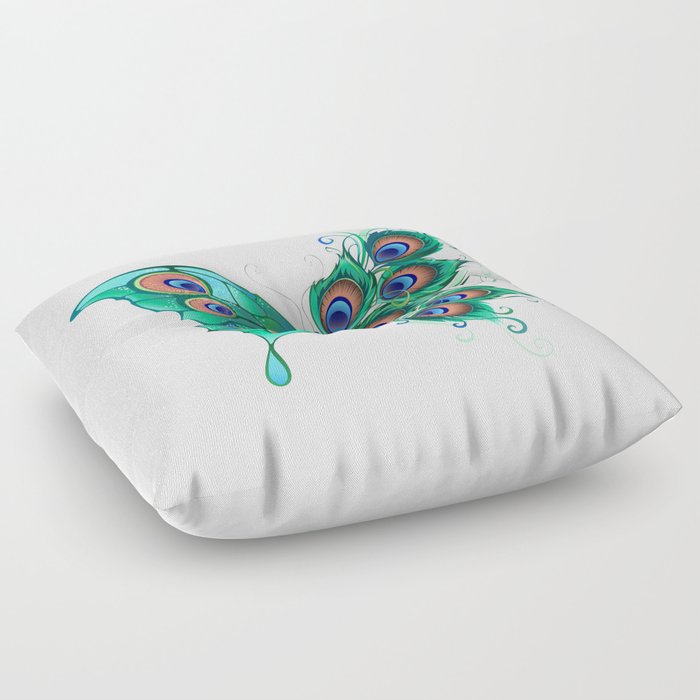 Butterfly with Green Peacock Feathers Floor Pillow