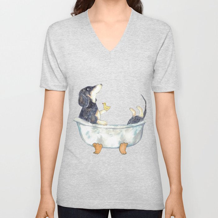 Dachshund taking bath watercolor V Neck T Shirt