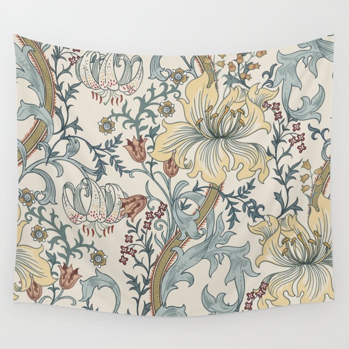 William Morris Enchanted Golden Lily Cream Blue Floral Wall Tapestry